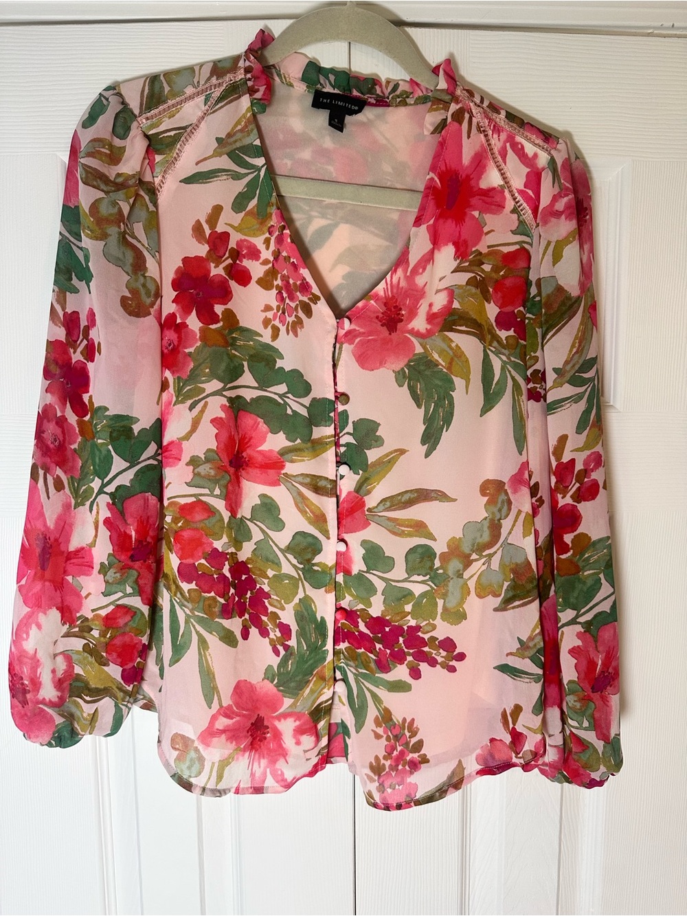 The Limited Pink Floral Button Front Sheer Blouse